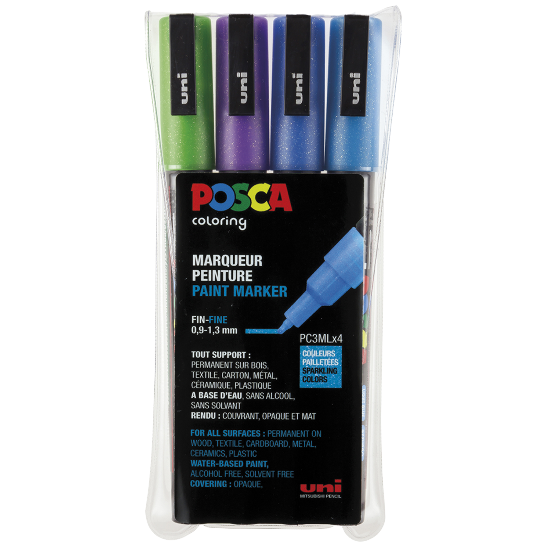 Posca PC3 glitter set, kalla kulörer